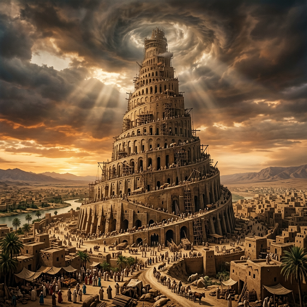 Colossal stepped tower rising above an ancient desert city